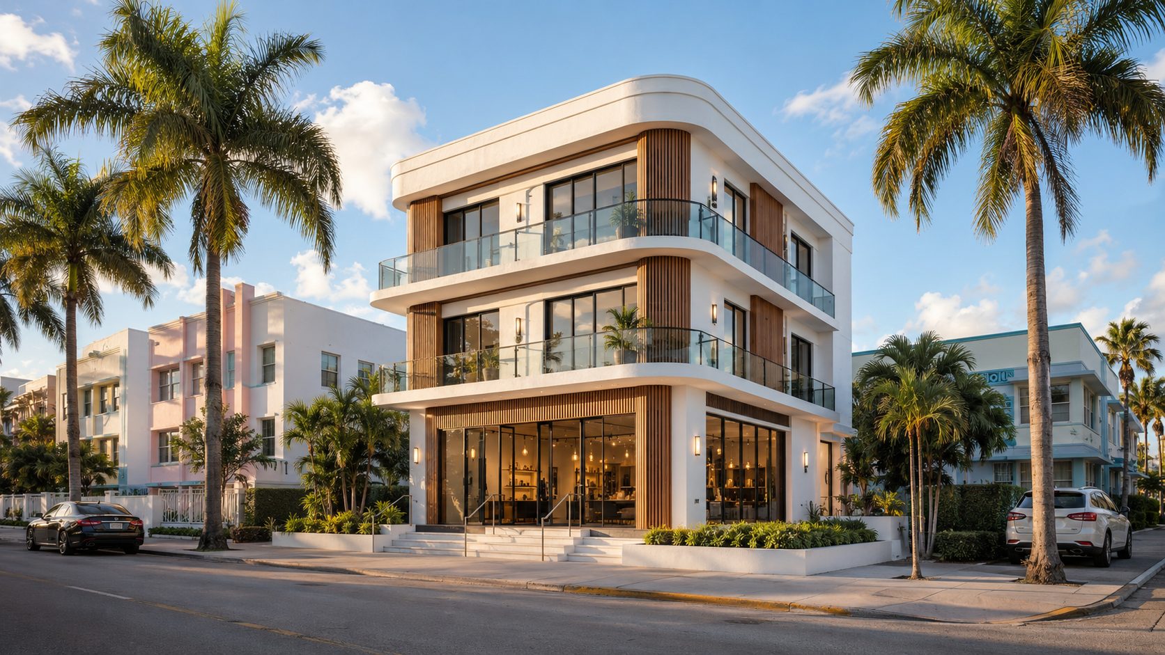 A finished modern building in Florida at dusk, framed by palms